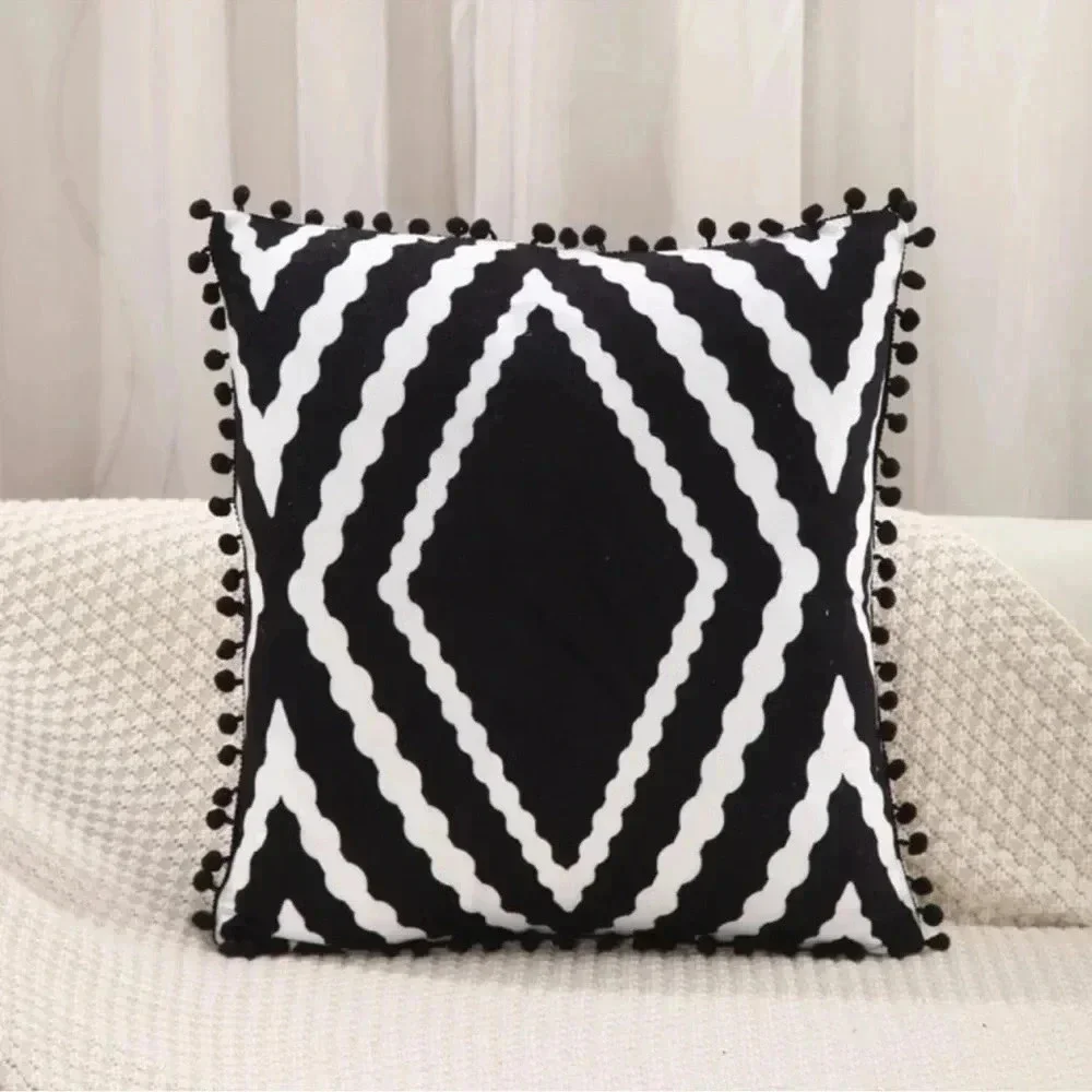 Black & White Pom Pom Decor Cushion Cover Without Filler